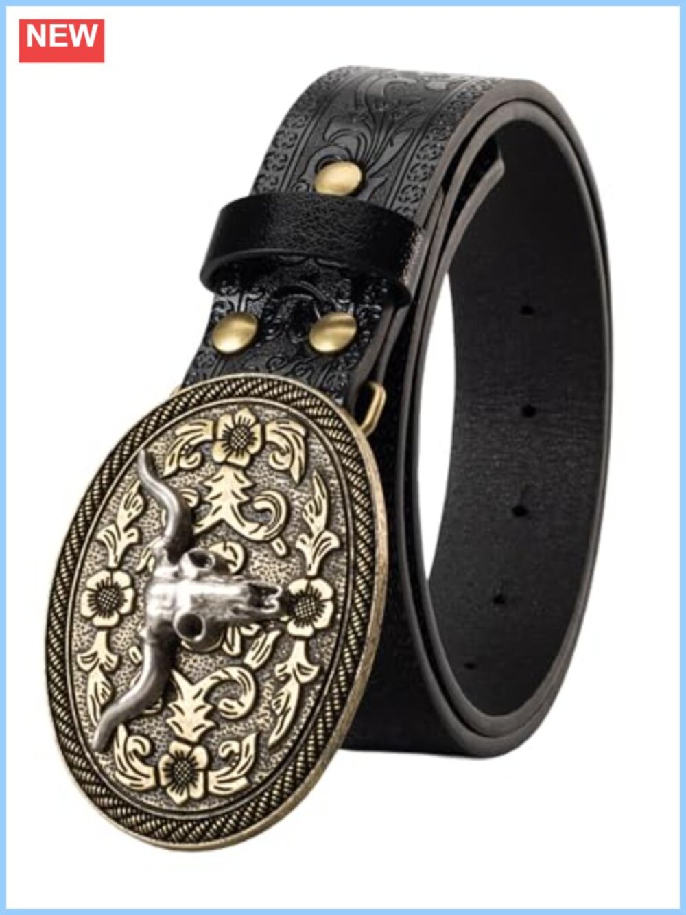 PU Leather Western Cowboy Belt Floral Bull Buckle Adjustable